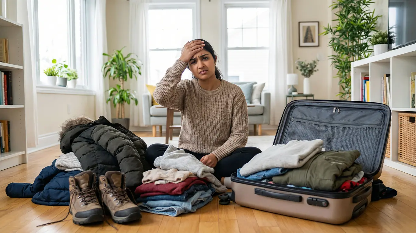 Confused woman packing winter clothes and hiking boots before traveling to Sikkim