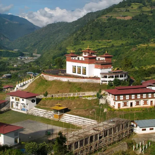 A picture of a prominent monastery near Trashigang in eastern Bhutan known as Rangjung Woesel Choling Monastery