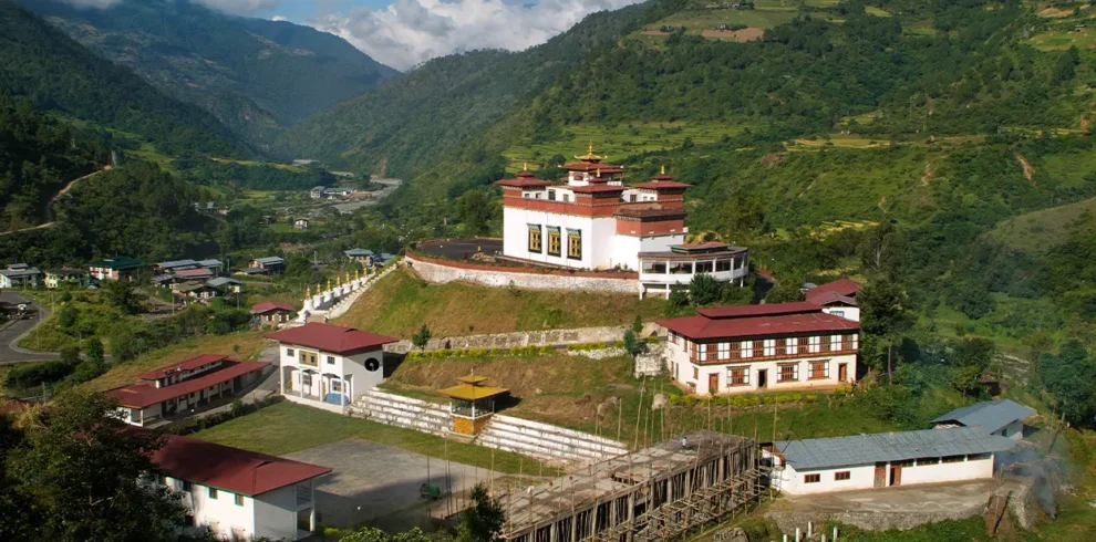 A picture of a prominent monastery near Trashigang in eastern Bhutan known as Rangjung Woesel Choling Monastery