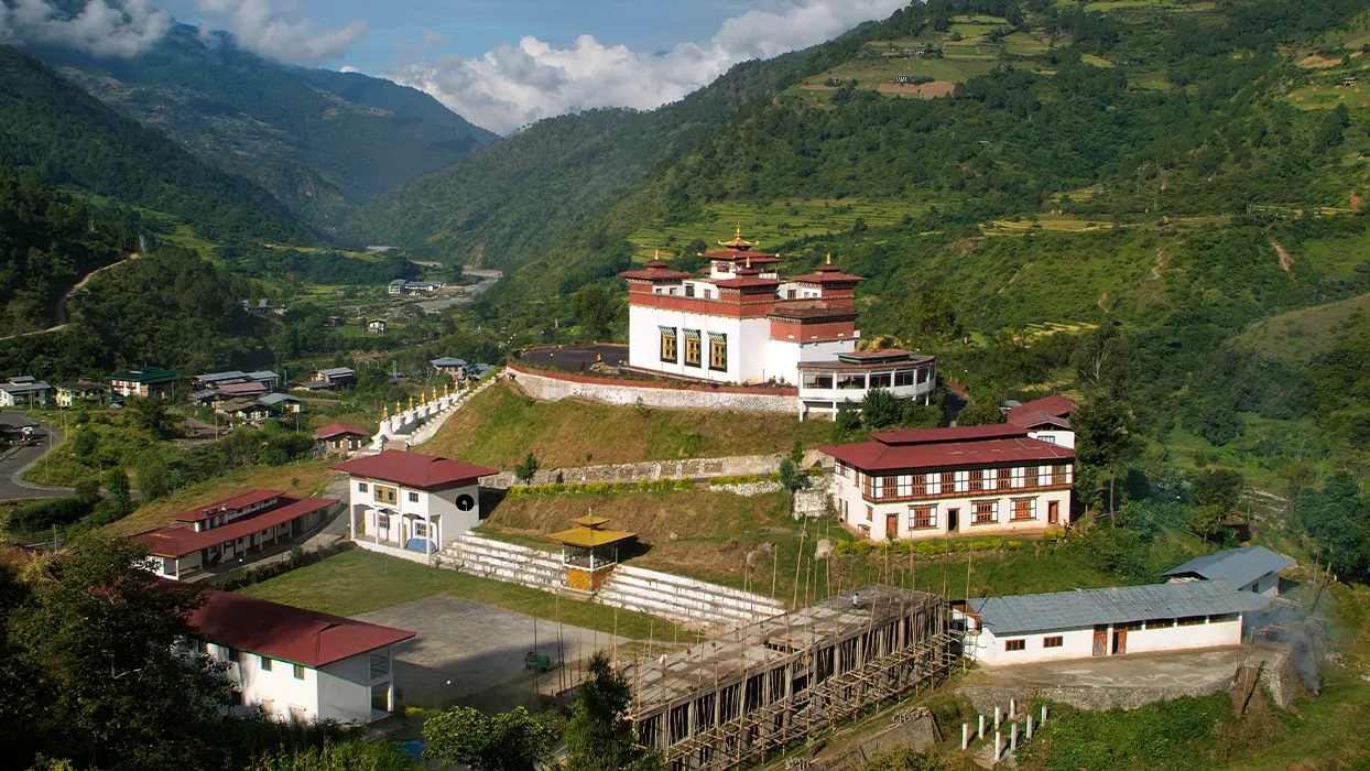 A picture of a prominent monastery near Trashigang in eastern Bhutan known as Rangjung Woesel Choling Monastery