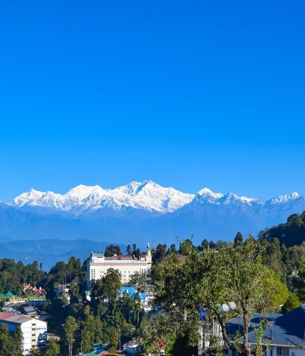 Panoramic view of Darjeeling with the Kanchenjunga range in the background