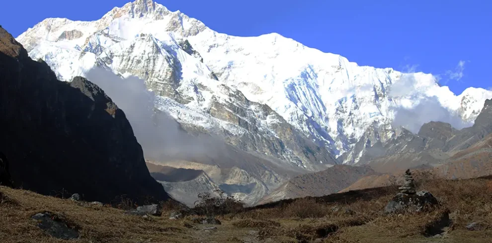 View of Mt Kanchenjunga and Goecha peak from Thangsing Valley on the route to Goechala Trek