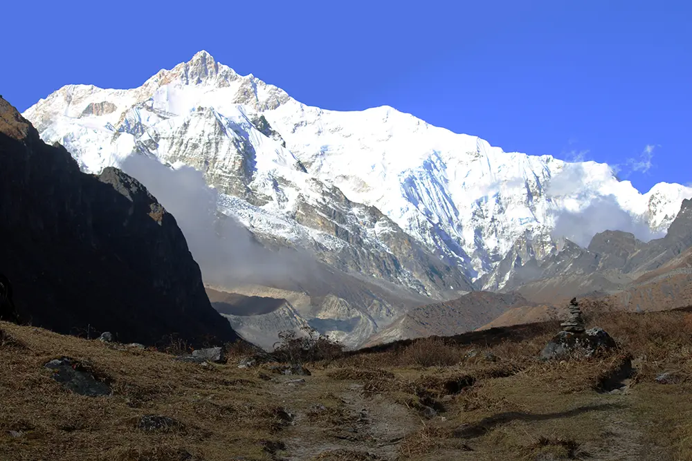 View of Mt Kanchenjunga and Goecha peak from Thangsing Valley on the route to Goechala Trek