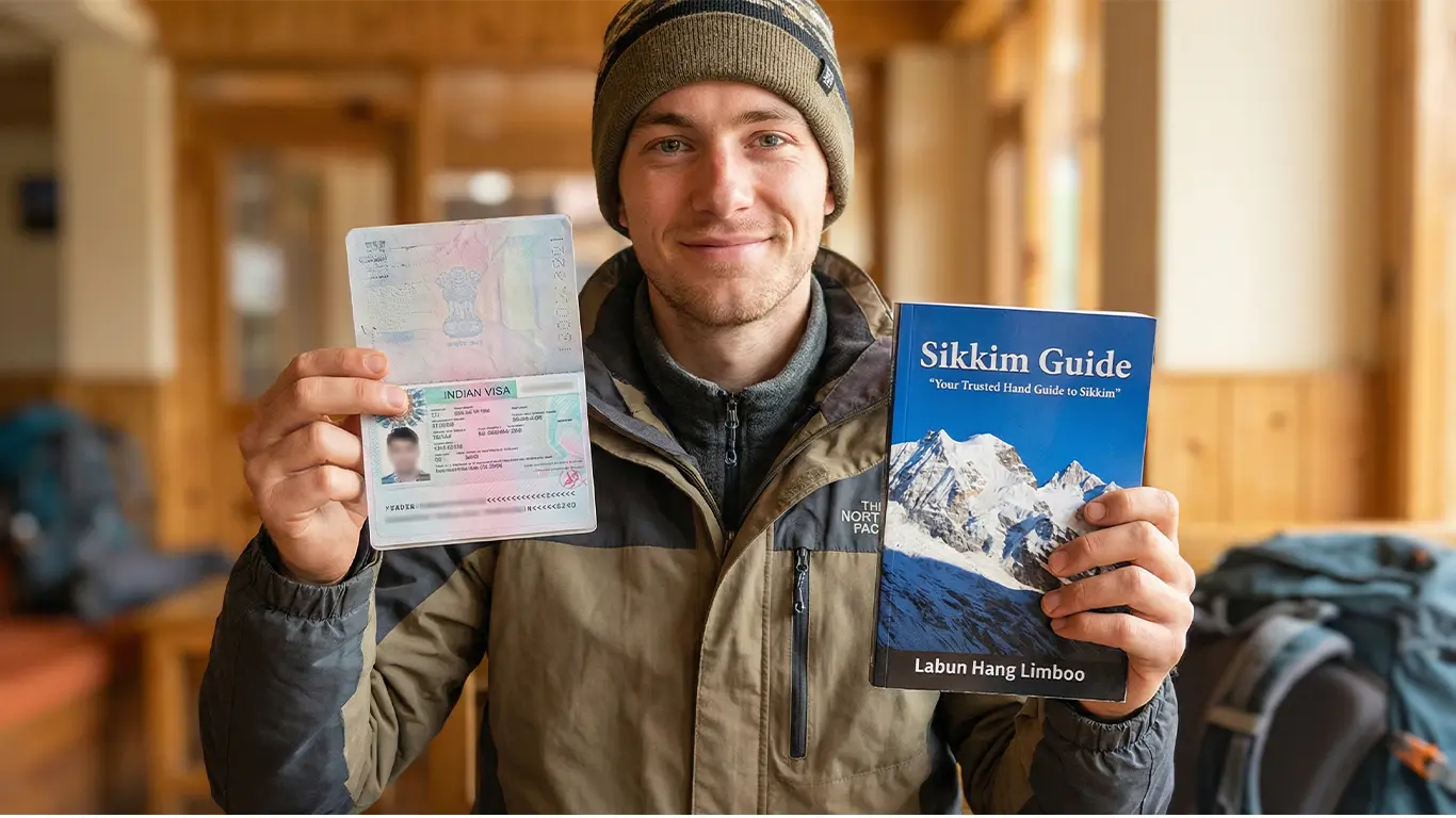 Traveler holding a passport with Indian visa and a Sikkim guidebook before a trip to Sikkim.