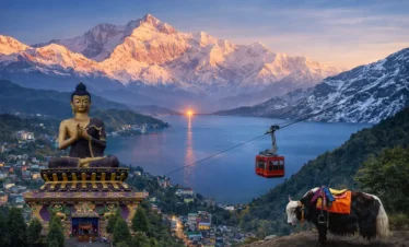 Himalayan blended view of Sikkim, Darjeeling, with a giant Buddha statue, a ropeway and the snow-covered Kanchenjunga range