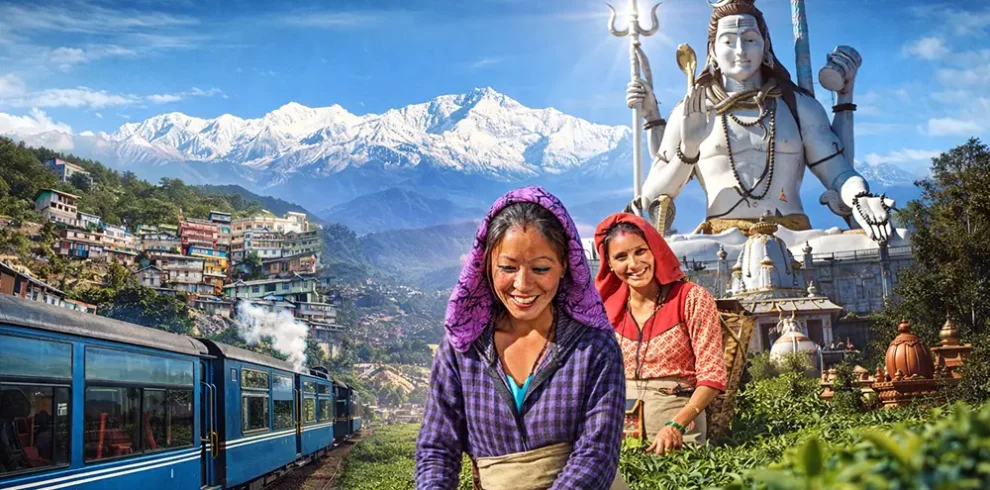 Women picking tea leaves in a Darjeeling tea garden with the iconic blue Toy Train, snow-capped Kanchenjunga range, colourful hillside town, and the towering Shiva statue at Namchi's Char Dham in the background — Sikkim and Darjeeling tour