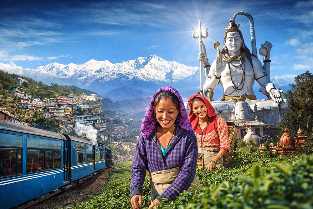 Women picking tea leaves in a Darjeeling tea garden with the iconic blue Toy Train, snow-capped Kanchenjunga range, colourful hillside town, and the towering Shiva statue at Namchi's Char Dham in the background — Sikkim and Darjeeling tour